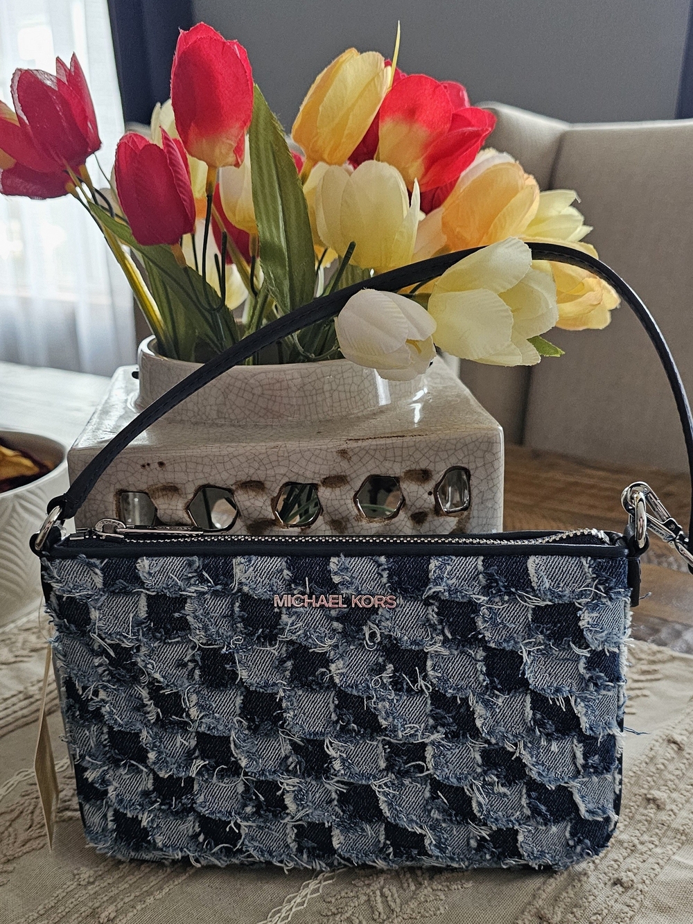Michael Kors Denim Check Frayed Mini Shoulder Bag in Blue